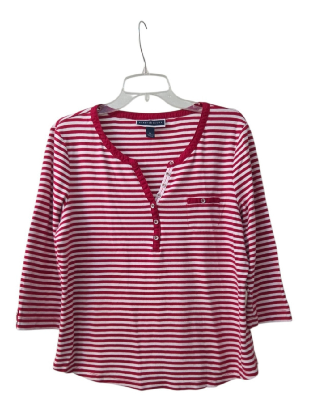 Karen Scott XL Red White Stripe 3/4 Sleeve Henley Top EUC